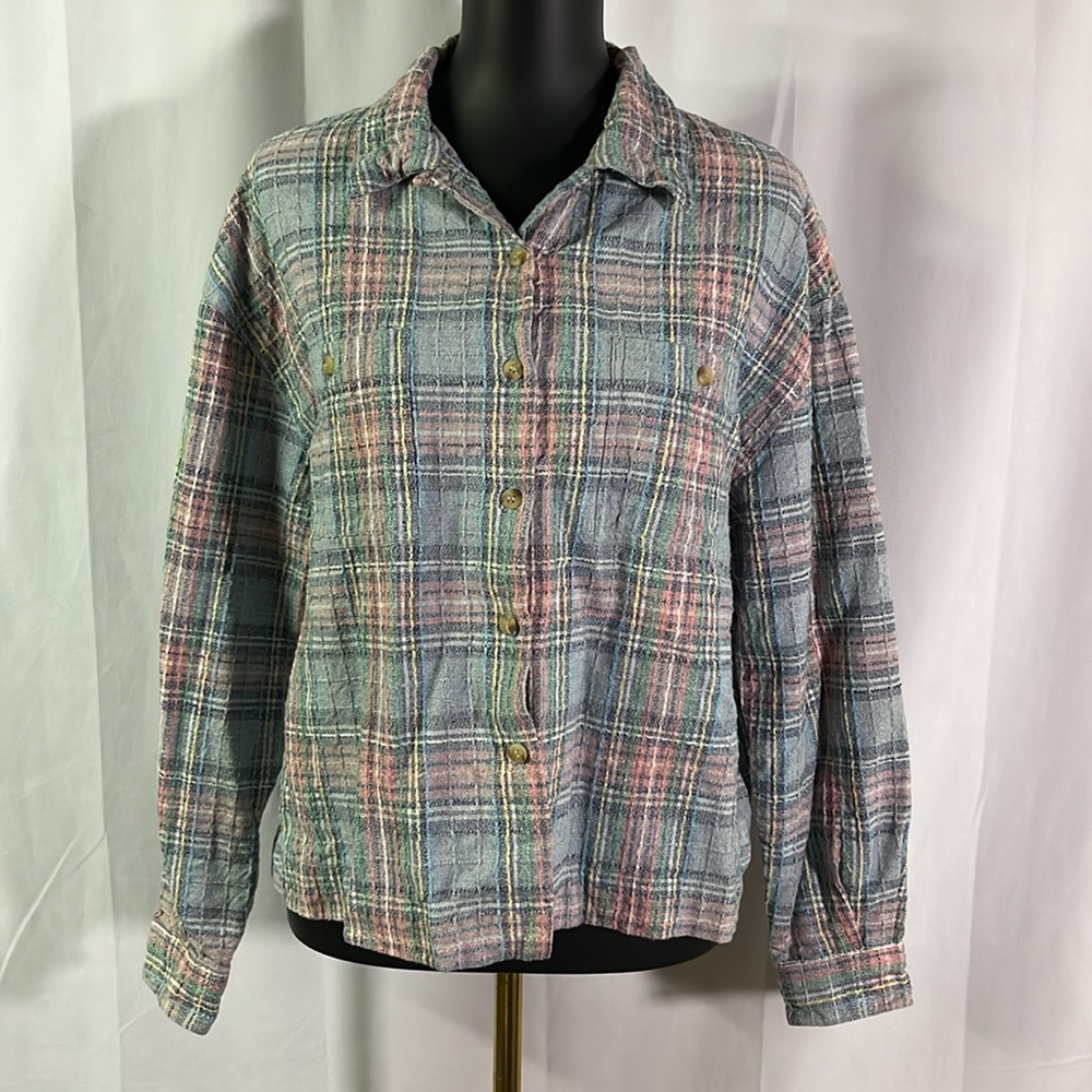 Vintage 90s Lemon Grass Multicolor Plaid Button Down Cotton Shirt